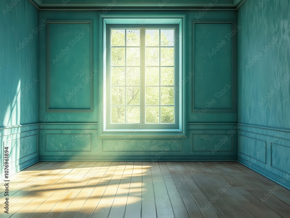 Poster empty room with turquoise walls and wooden floor, illuminated by sunlight filtering through the wind