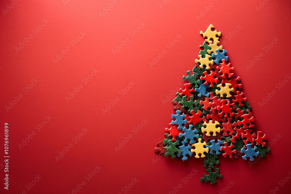 Poster a christmas tree constructed out of jigsaw pieces with a red coloration seen from above and up close