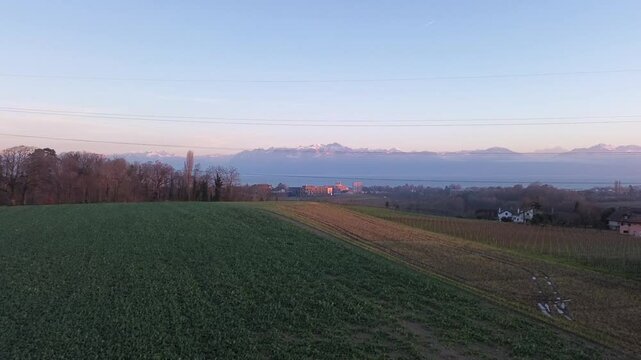 Aerial View of Swiss Countryside with Historic Castle Scenic Landscape. Stunning drone footage of a historic Swiss castle in the scenic countryside near Yverdon, Switzerland. for travel promotions.