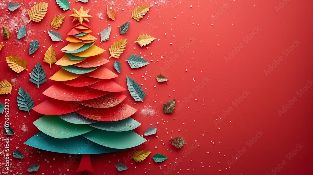 Poster a detailed view of featuring a large content area for writing a colorful paper christmas tree with b