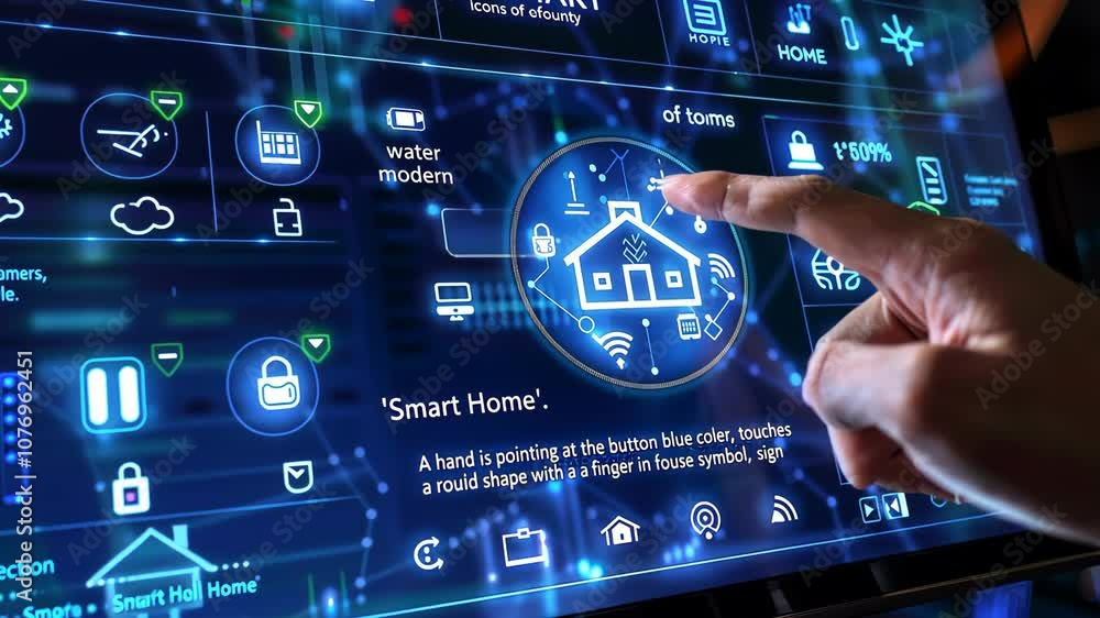 Poster exploring smart home technology with interactive displays showcasing connected devices and modern so