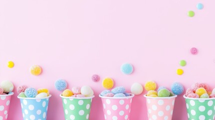 Colorful sugar-coated gumdrops in pastel polka dot cups against a pink background. Concept: candy, fun, celebration.