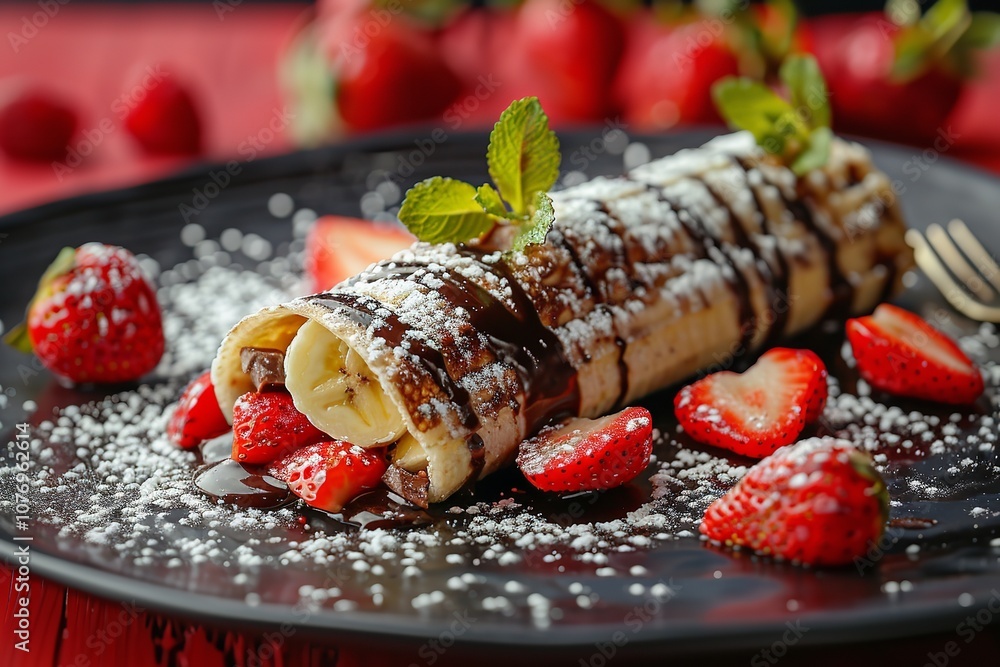 Poster a close-up of fresh strawberries served with powdered sugar on a black dish against a red backdrop s