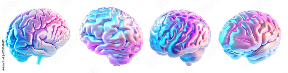 Poster set of a iridescent 3d brain icons in gradient_colors isolated on a transparent background, png file