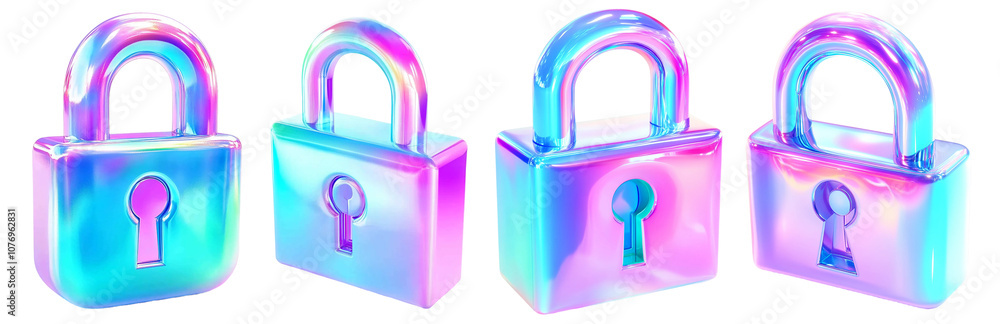 Aufkleber set of a iridescent 3d lock icon in gradient colors isolated on a transparent background, png file