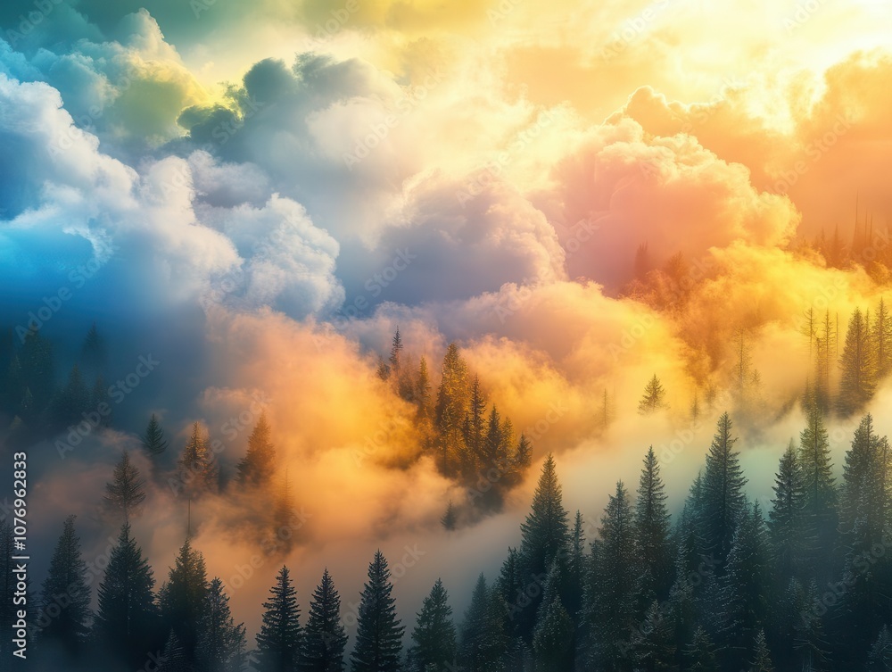 Poster expansive panorama of colorful clouds cascading into surreal tree formations, creating a vibrant, dr