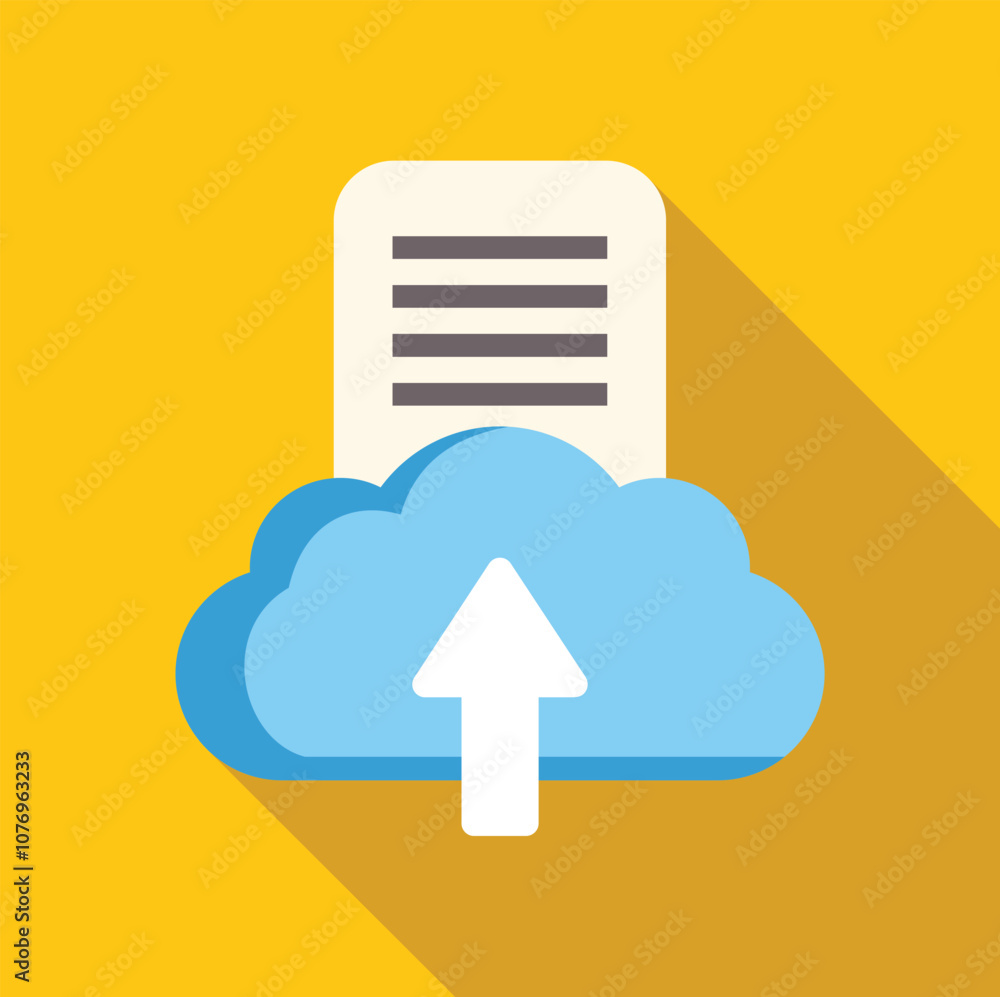 Poster document is uploading to cloud storage service, with a white arrow pointing up into a light blue clo