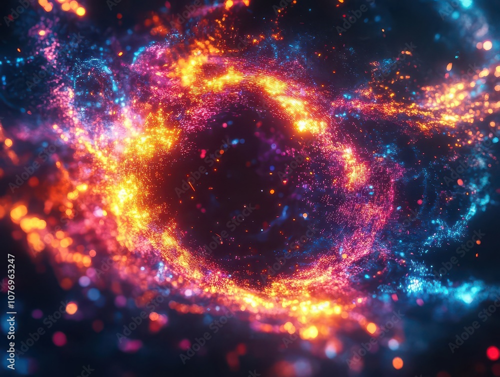 Aufkleber explosive data visualization with vibrant neon colors, abstract digital data swirling around a futur