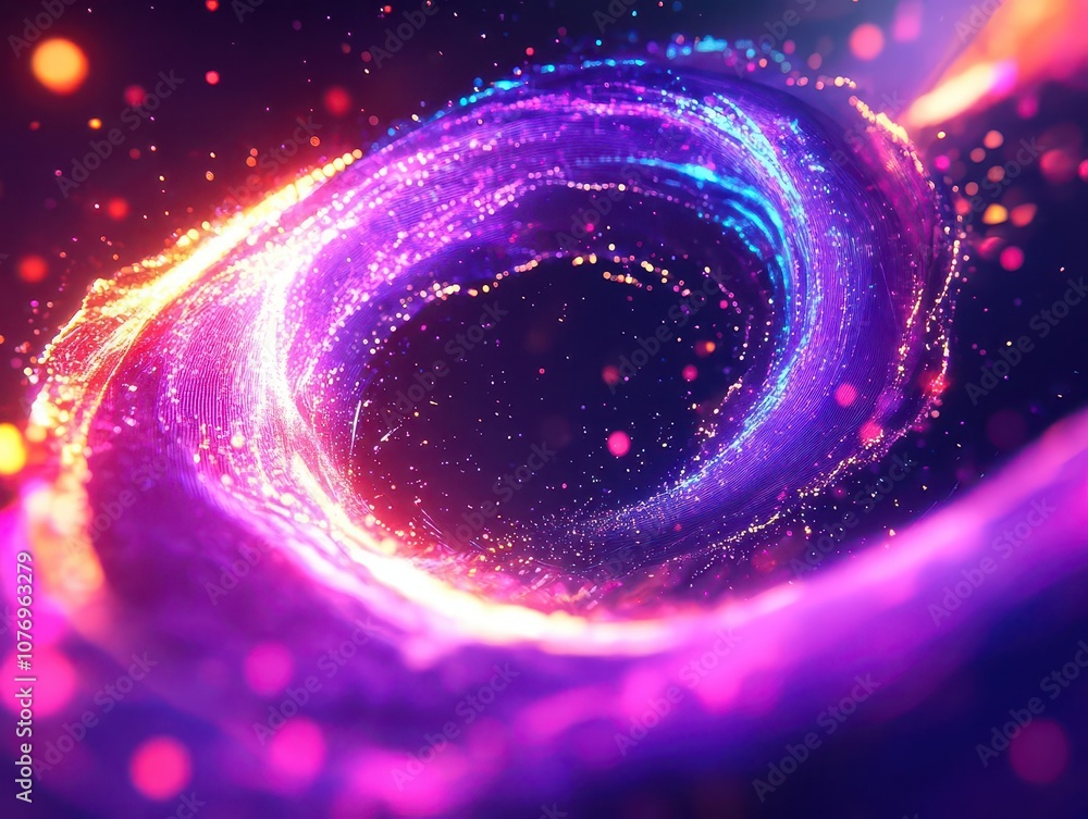 Poster explosive data visualization with vibrant neon colors, abstract digital data swirling around a futur