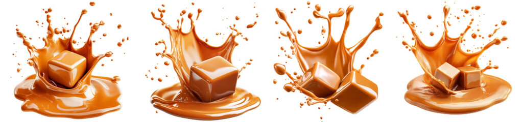 Set of a Splash of caramel with cube isolated on a transparent background, PNG file