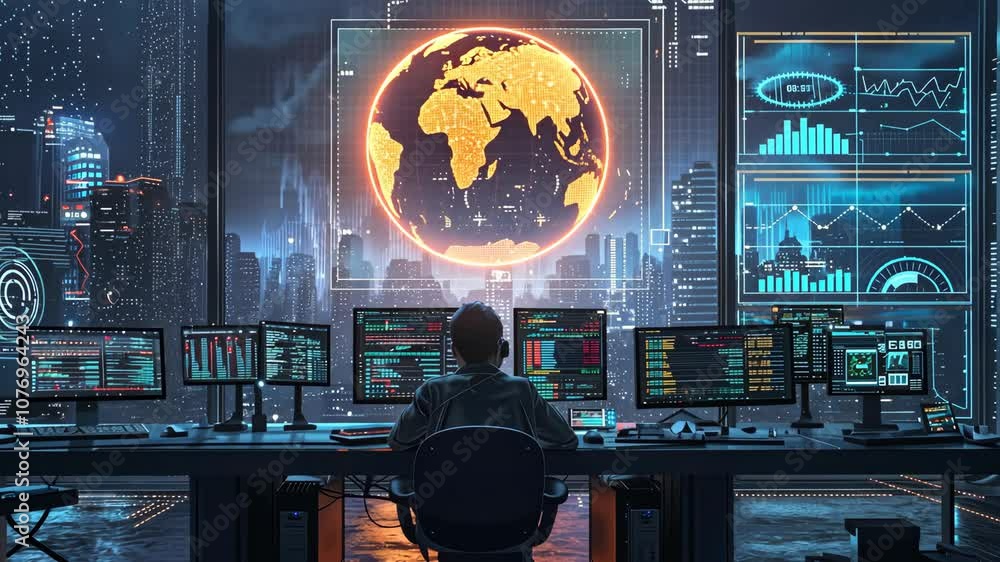 Poster exploring global data analytics from a futuristic control room in a bustling city during nighttime