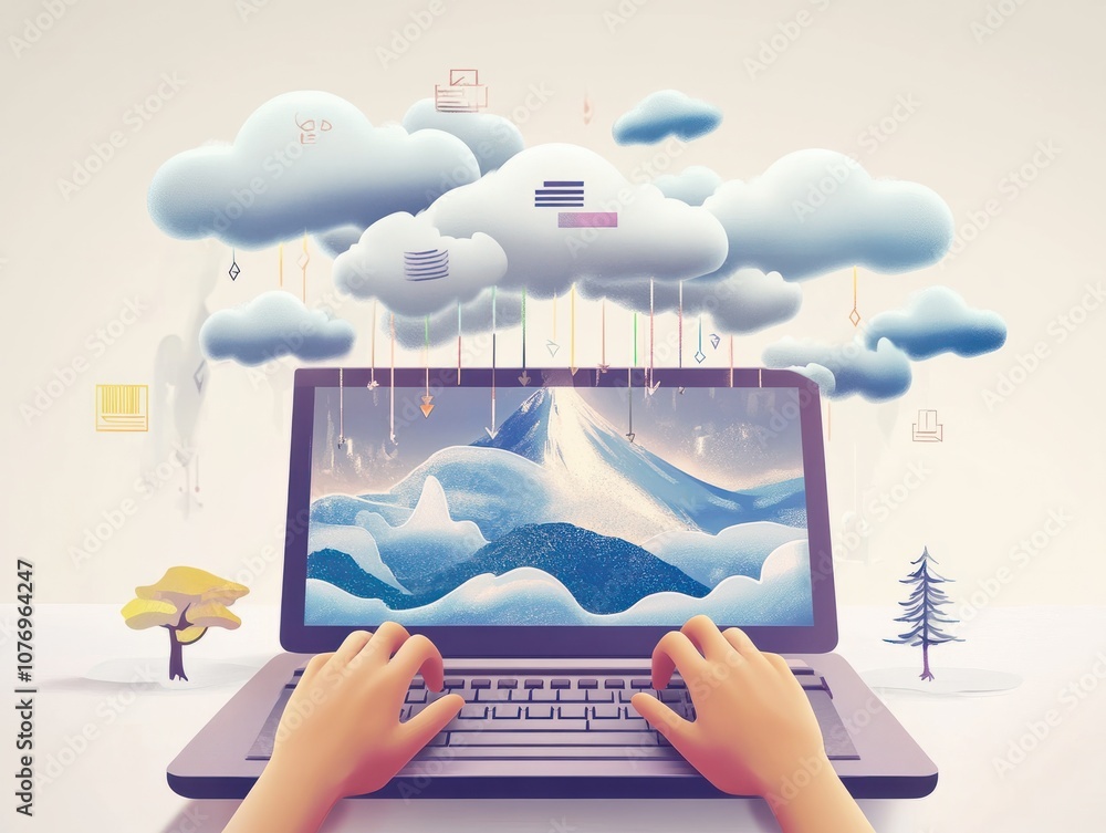 Poster weather icon with hands typing on a laptop with cloud environment change technology icons floating a
