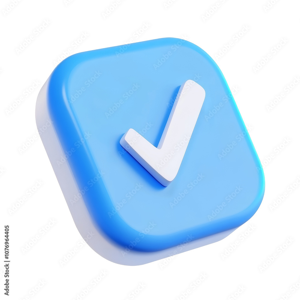 Poster blue button with white check 3d render icon isolated on transparent background cutout