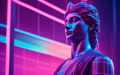 Classic statue bust in split neon hues, surreal lighting, grid lines and faint palms