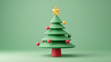 Obraz premium Stylized minimalist Christmas tree with colorful baubles and a yellow star on a green background.