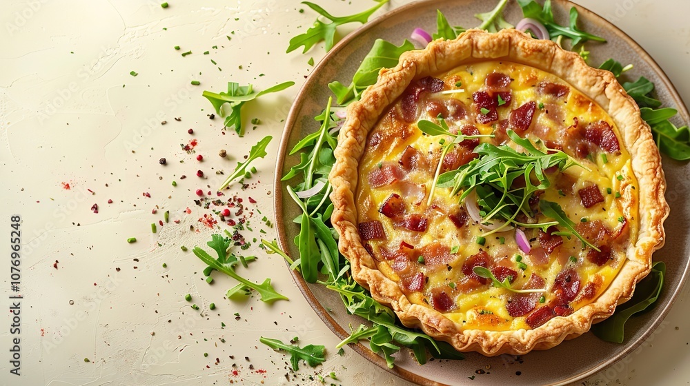Poster a close-up of a delicious quiche lorraine with bacon and cheese with salad on a spotless dish agains