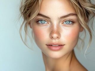 Naklejka premium caucasian model exuding natural beauty and confidence, illuminated by soft, natural lighting, set against a clean, simple background, emphasizing elegance and poise
