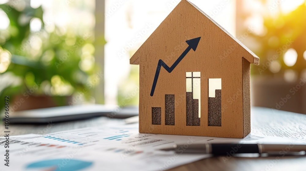 Poster wooden house model with an upward arrow and bar graph on a desk with a pen and a graph.