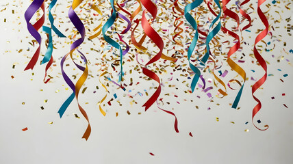 Naklejka premium A playful scattering of multicolored confetti and streamers on a clean white background, creating a lively celebration theme