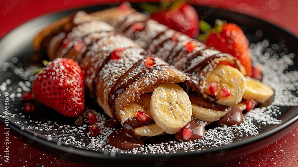 Poster a close-up of fresh strawberries served with powdered sugar on a black dish against a red backdrop s