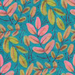 Seamless pattern with leaves. Digital painting.  Hand-drawn illustration.