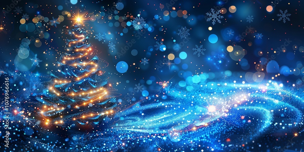 Poster an up-close view of a geometric christmas tree complete with snowflakes and sparkling lighting on a 