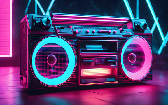 Neon boombox with pink and cyan glow, floating in a digital space