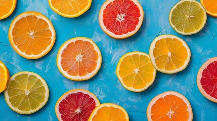 Fototapeta premium Assortment of Citrus Fruits on a Blue Background