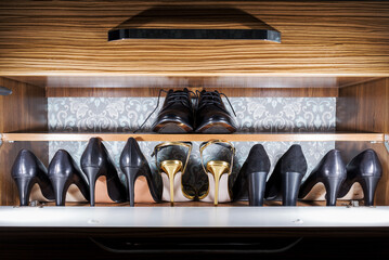 Stylish Shoe Collection Neatly Organized in a Modern Wooden Drawer