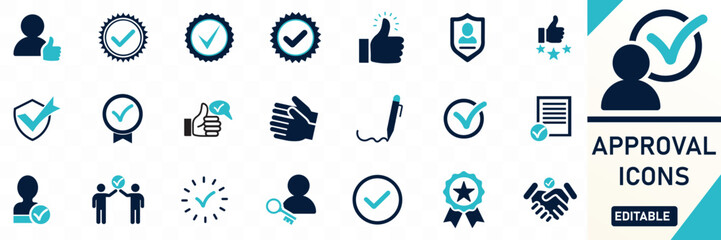 Approval icons set Containing accept, certified, thumps up, agreement, approve, Solid flat vector icon collection.