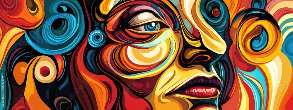 Poster vibrant abstract portrait, swirling lines and bold colors converge to form a unique face, evoking em