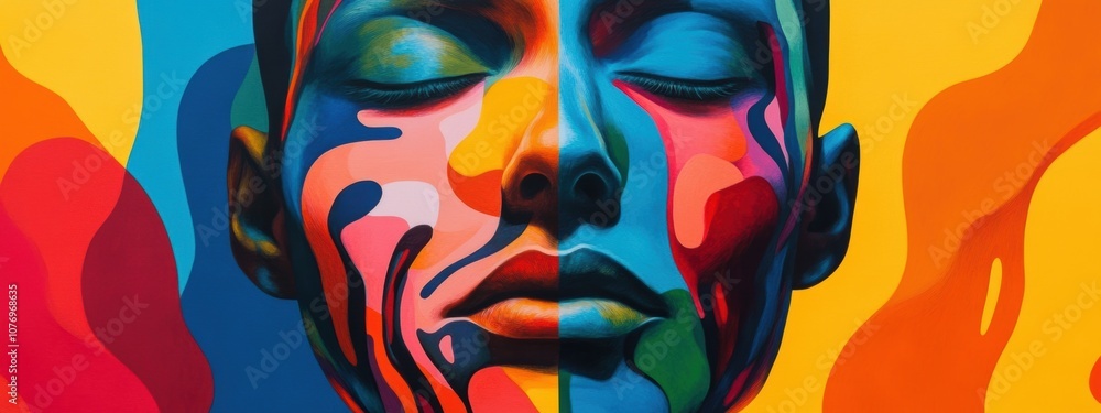 Poster vibrant layers of emotion, an abstract depiction of a face, fragmented and blended with bold colors,