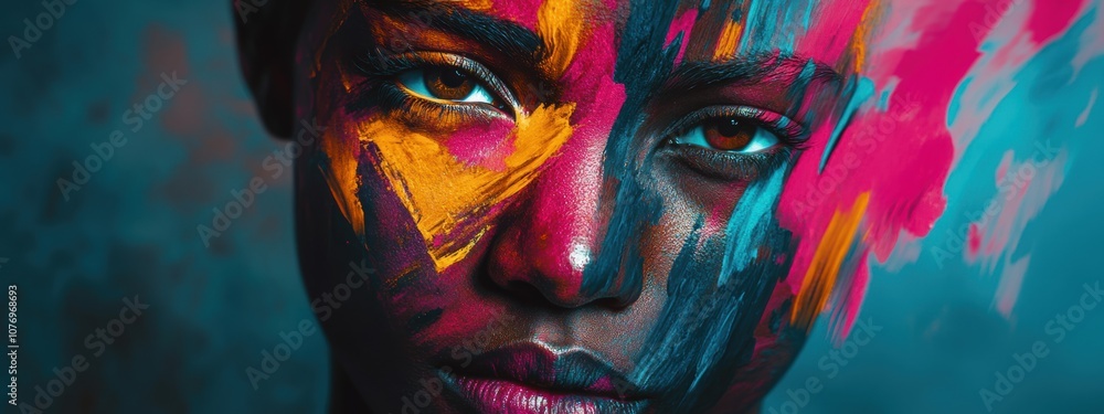Poster vibrant abstract face, a striking composition of layered colors creating a dynamic and expressive po