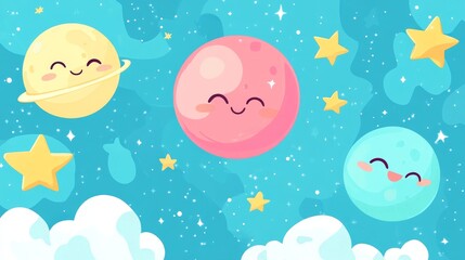 Create a magical cartoon galaxy with dreamy stars and planets
