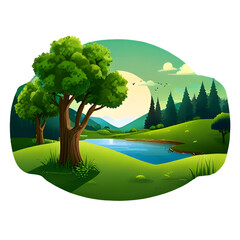 Beautiful Digital Illustration of Green Landscape with Trees - Nature Scene Design