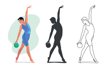 Set of male rhythmic gymnasts in color, silhouette and line art. Artistic gymnast  in blue gradient leotard with ball in elegant position. Vector illustration