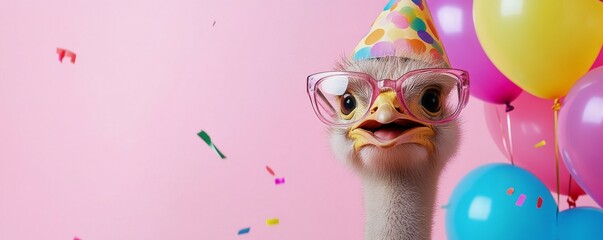 Happy Birthday Celebration, Party Time, Ostrich with Glasses and Party Hat, Balloons and Confetti, Girl Birthday Party Invite, Animal Birthday Series