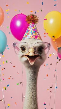 Happy Birthday Celebration, Party Time, Ostrich with Glasses and Party Hat, Balloons and Confetti, Girl Birthday Party Invite, Animal Birthday Series