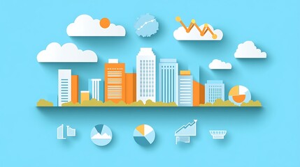 Cityscape Illustration with Papercut Style and Business-Related Icons