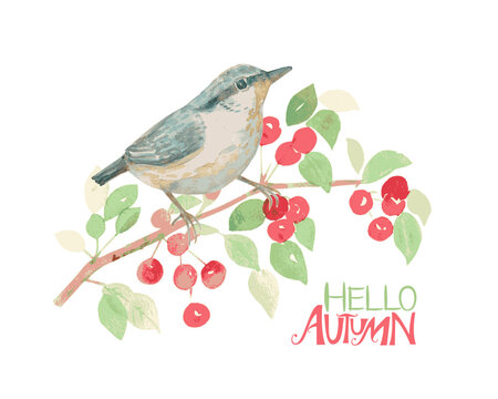 watercolor painting. little bird perching on leafy branch of crab apple tree. card hello autumn