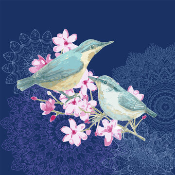couple of little birds perching on blooming branch with pink flowers against dark blue background with round ornament arabesques. vector watercolor painting card