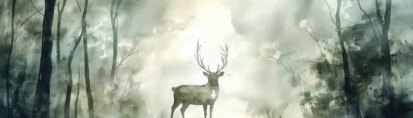 A majestic deer stands amidst a misty forest, illuminated by soft light, creating a serene and ethereal atmosphere.