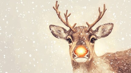 A charming reindeer with a glowing nose stands amidst gentle snowfall, embodying the magic of the winter season.