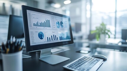 Fototapeta premium Desktop Computer Displaying Data Analysis Charts and Graphs