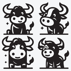 Obraz premium Funny Bull or Cute Cow Cartoon Silhouette Collection Clip Art Vector Illustration Isolated on White Background