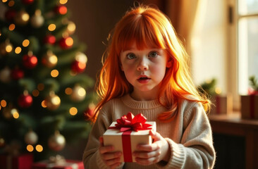 A cute red-haired girl looks at the camera and holds Xmas gift standing by the Christmas tree.