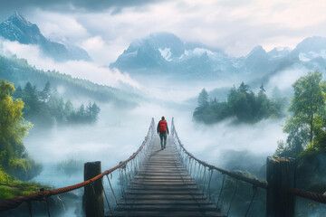 A serene landscape featuring a lone figure crossing a foggy wooden bridge surrounded by mountains and lush greenery.