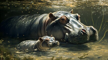 Fototapeta premium A baby hippo swimming beside its mother