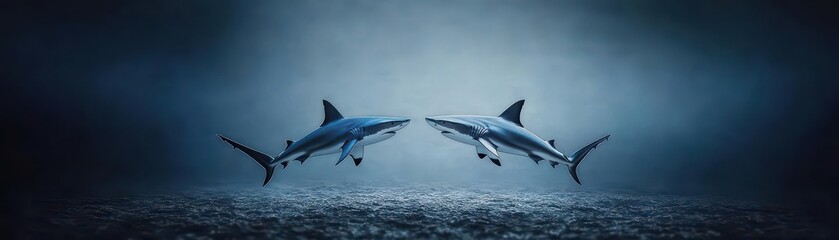 Fototapeta premium Two sharks circling each other in deep, dark ocean waters, sleek silver textures, monochromatic color scheme