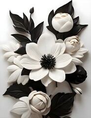 3D Black and White Digital Wallpaper of Flowers - Elegant Floral Design